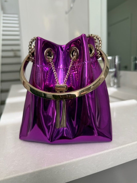 Jimmy Choo Shiny Metallic Magenta Drawstring Mini Bag with Gold Ring Handle - Picture 2 of 2